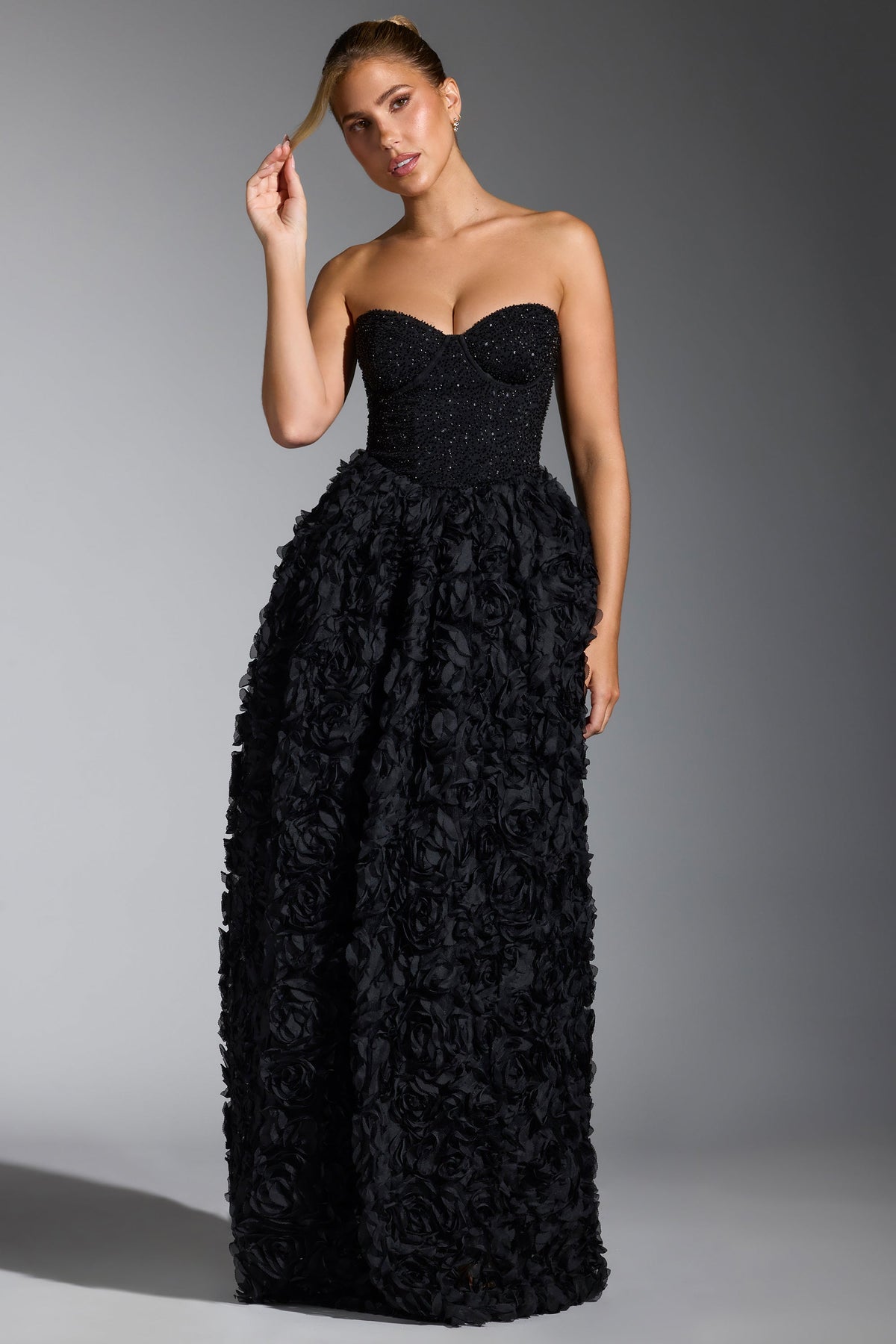Embellished Floral-Appliqué Corset Gown in Black
