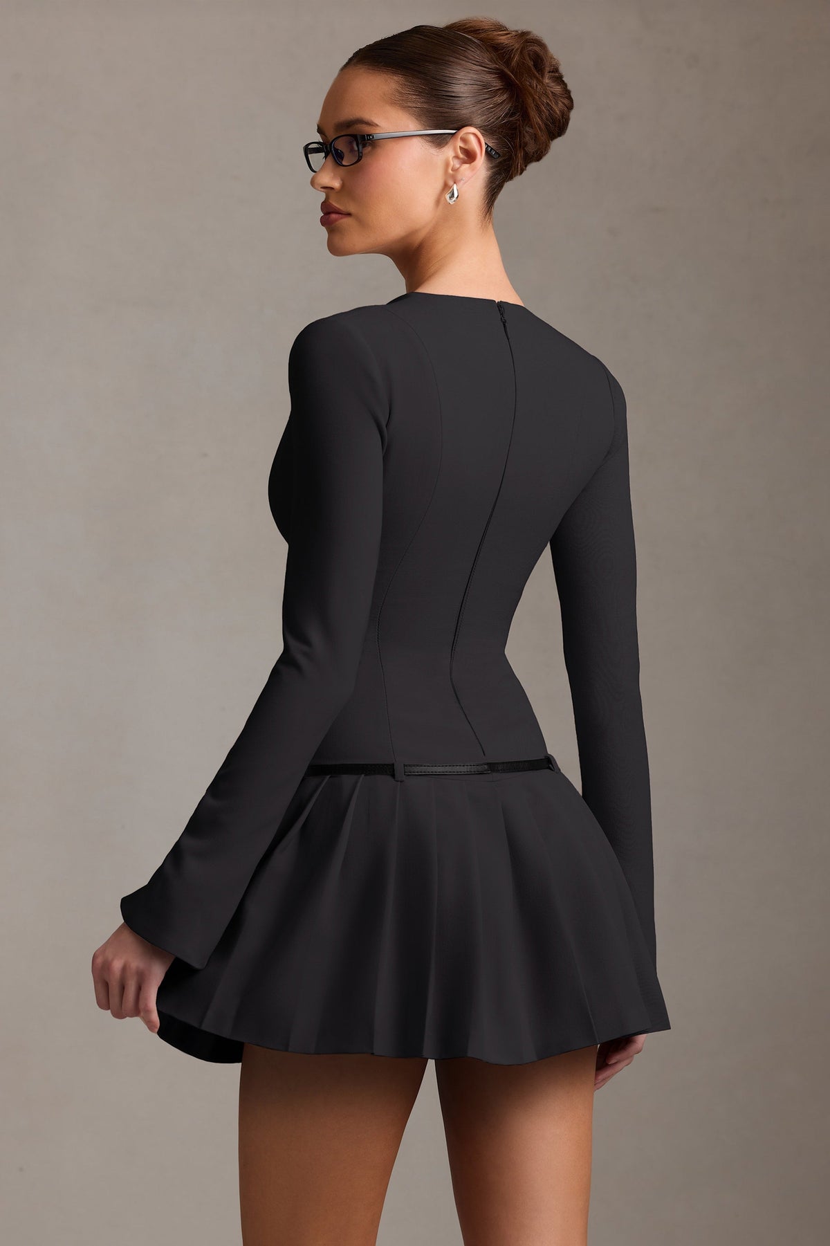 Long-Sleeve Pleated Mini Dress in Black