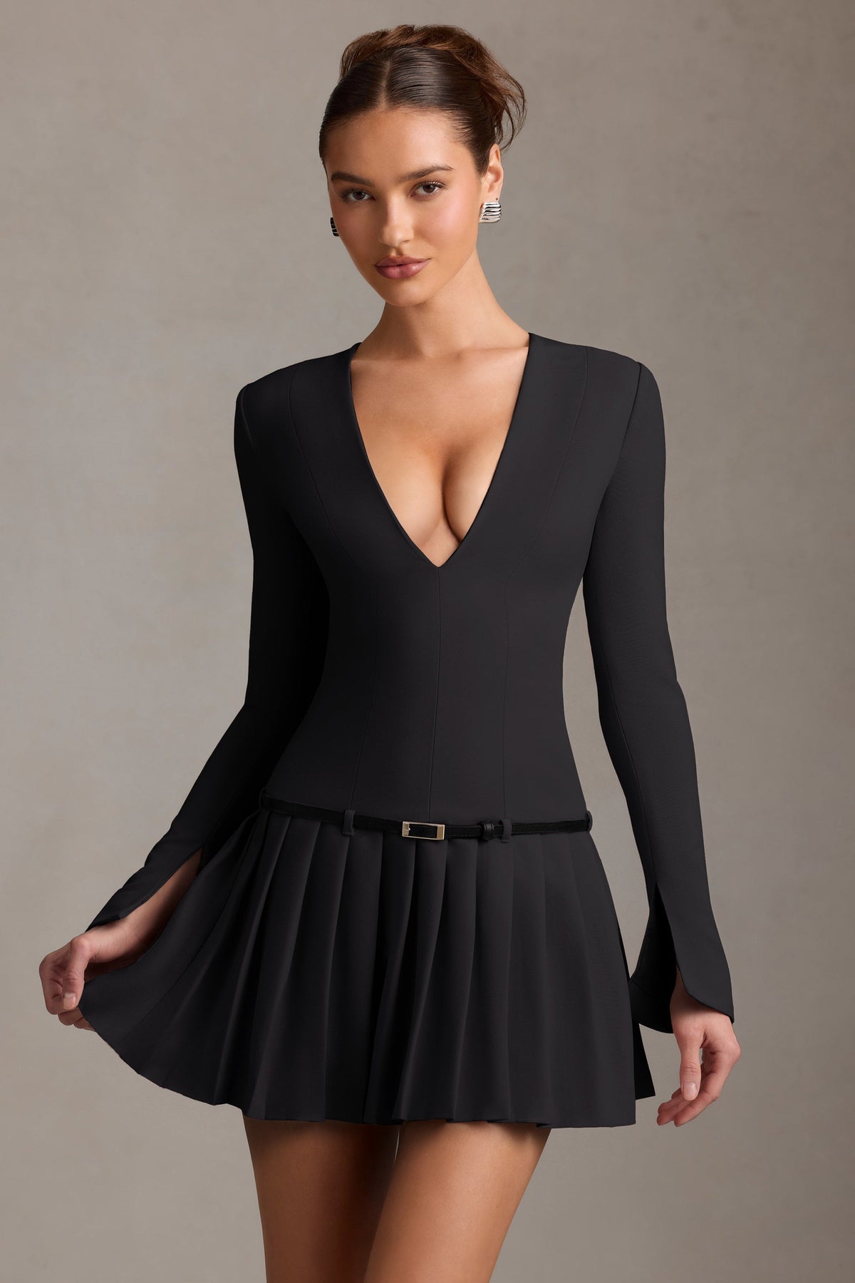 Long-Sleeve Pleated Mini Dress in Black