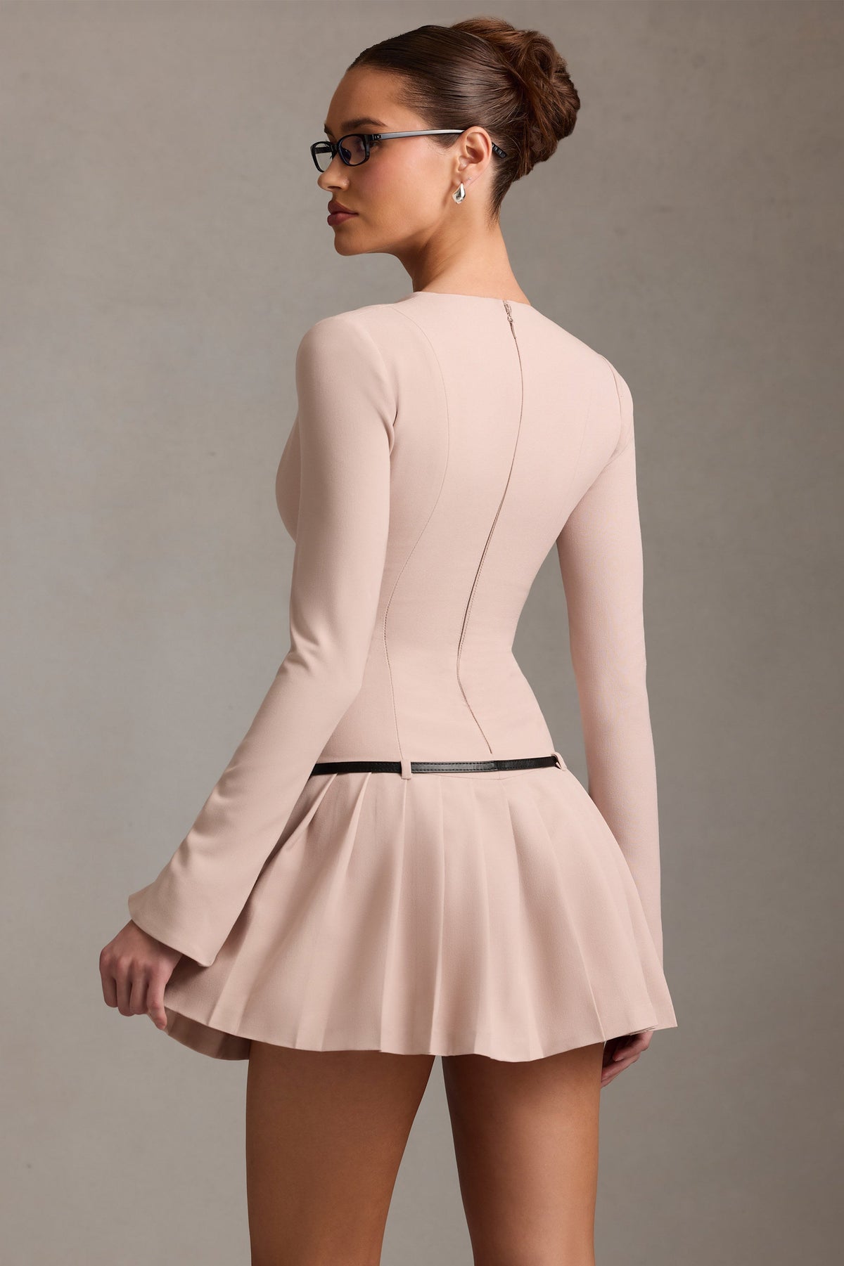 Long-Sleeve Pleated Mini Dress in Mushroom