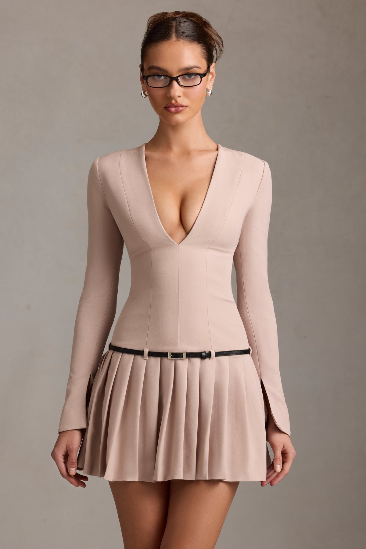 Long-Sleeve Pleated Mini Dress in Mushroom