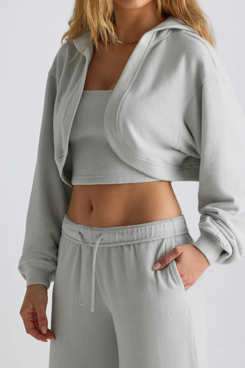 Brushed Jersey Hooded Cropped Shrug in Fog Grey