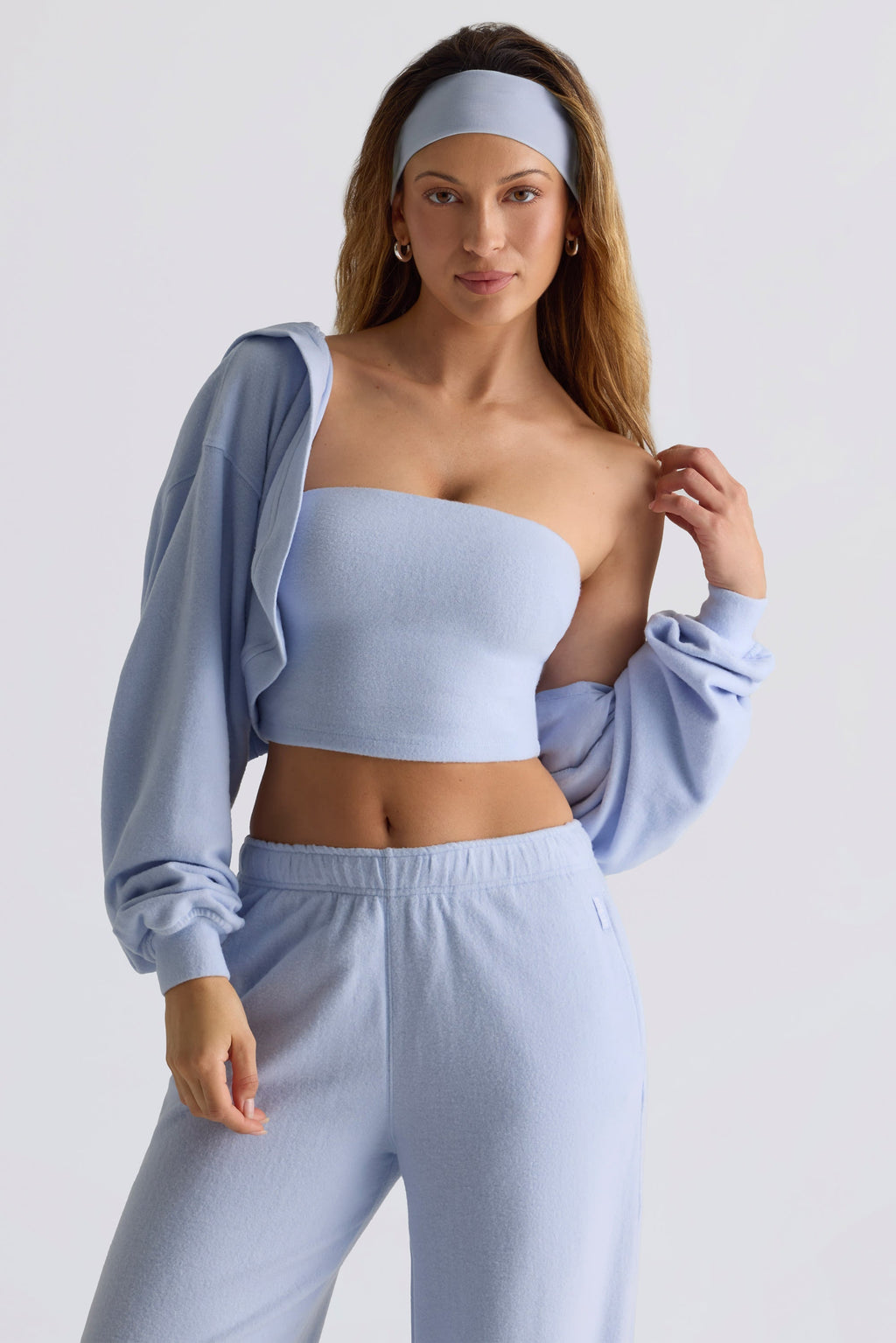 Brushed Jersey Hooded Cropped Shrug in Soft Blue