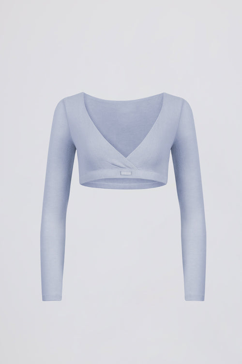 Brushed Jersey Wrap Crop Top in Soft Blue