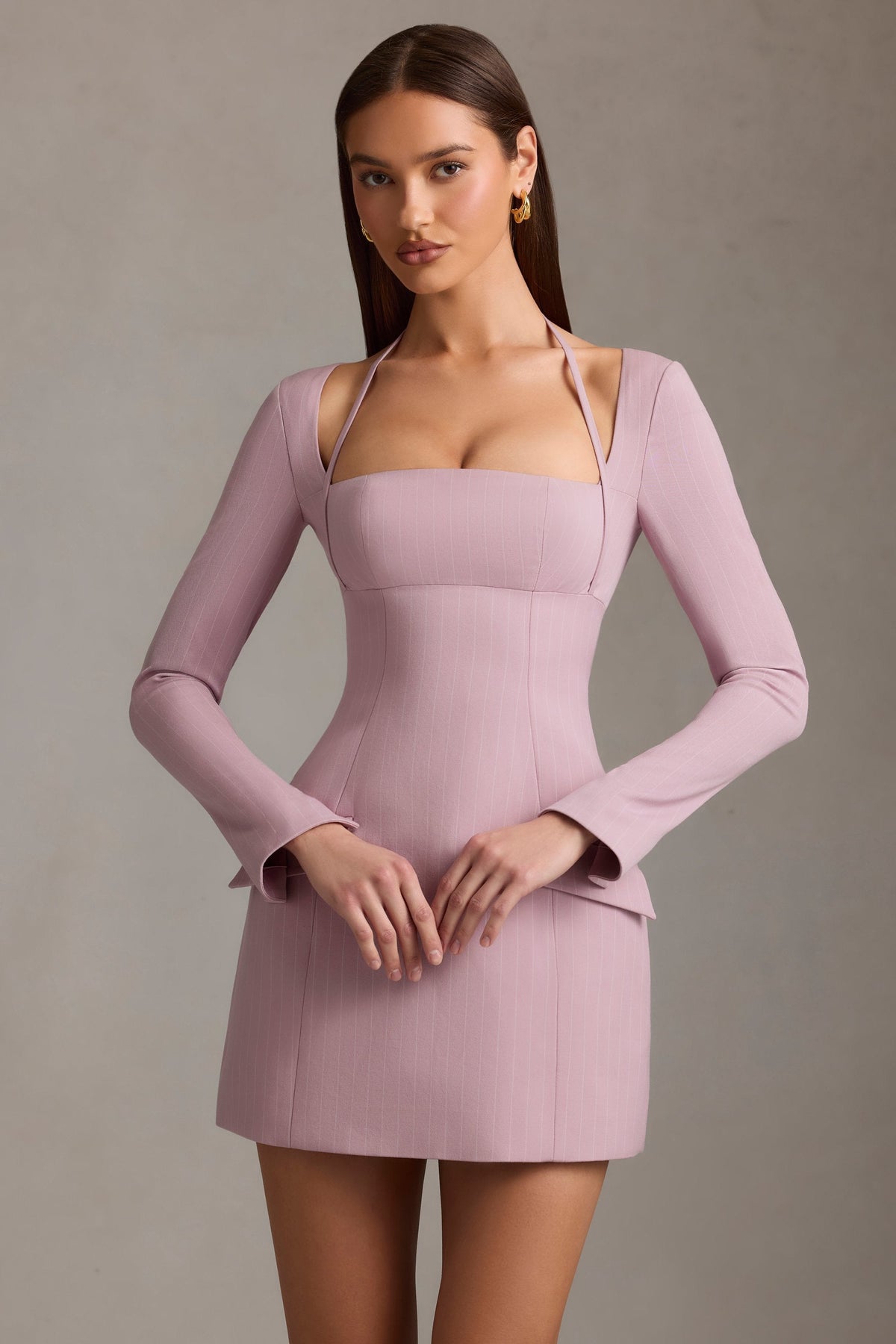 Pinstripe Structured A-Line Mini Dress in Mauve
