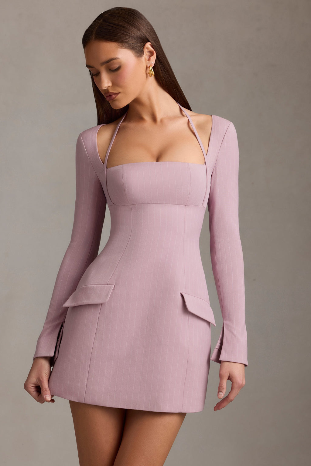 Pinstripe Structured A-Line Mini Dress in Mauve