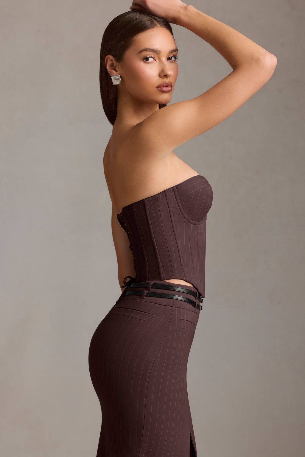 Pinstripe Lace-Up Corset Top in Chocolate Brown