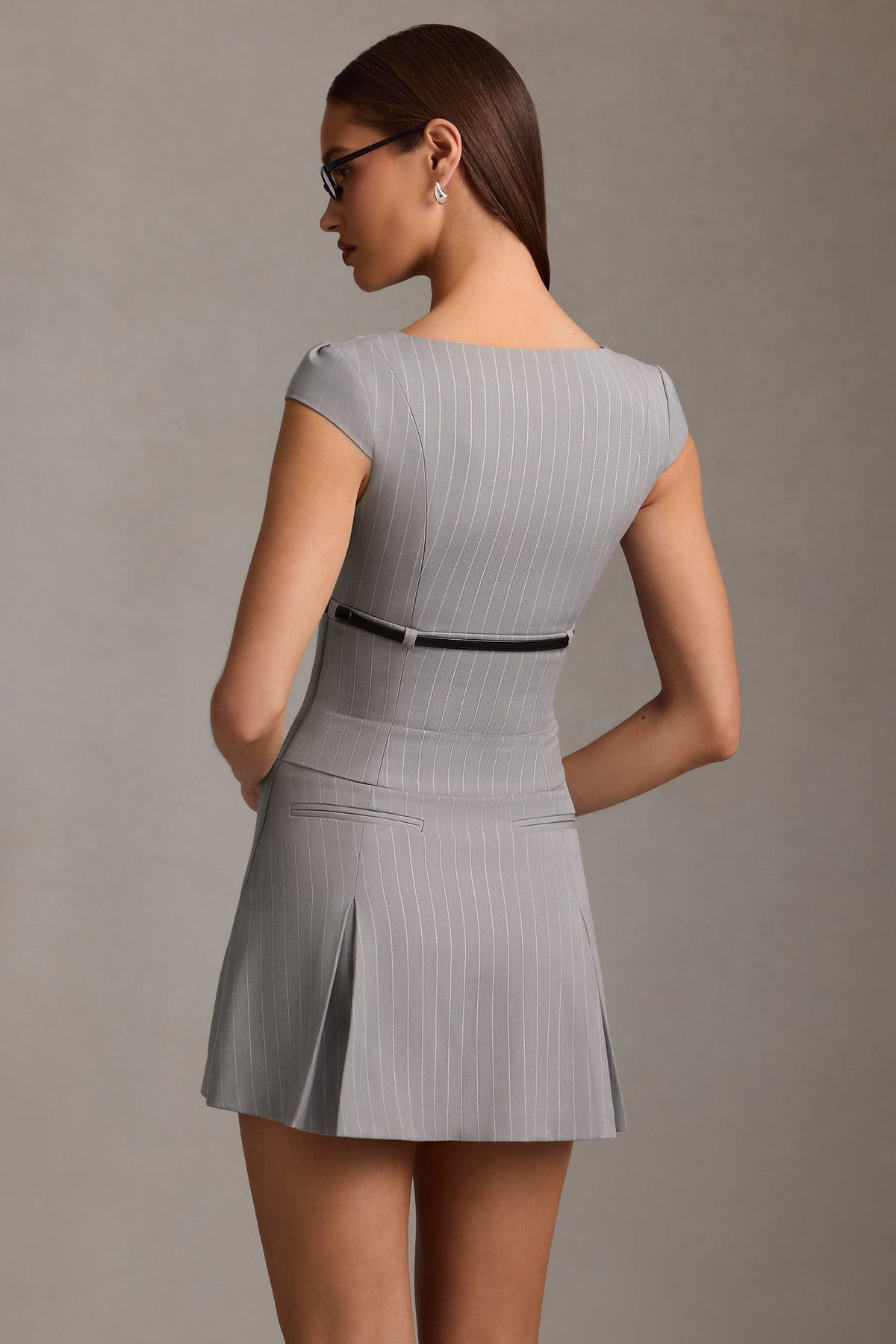 Pinstripe Pleated Waistcoat Mini Dress in Grey
