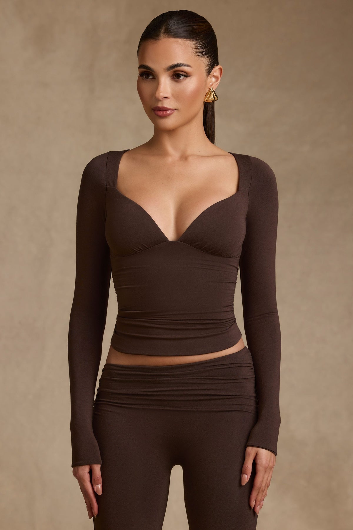 Modal Ruched Long-Sleeve Top in Chocolate Brown