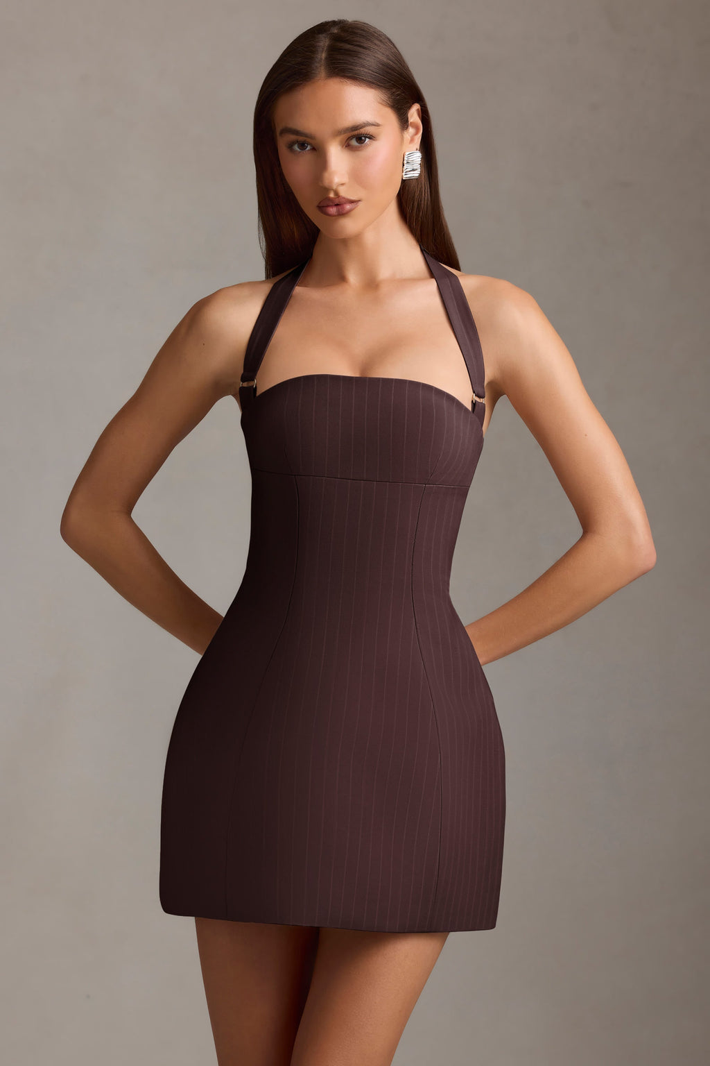 Pinstripe Halterneck Structured A-Line Mini Dress in Chocolate Brown