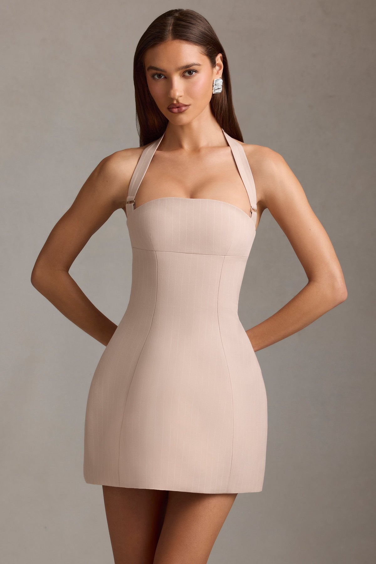 Pinstripe Halterneck Structured A-Line Mini Dress in Mushroom