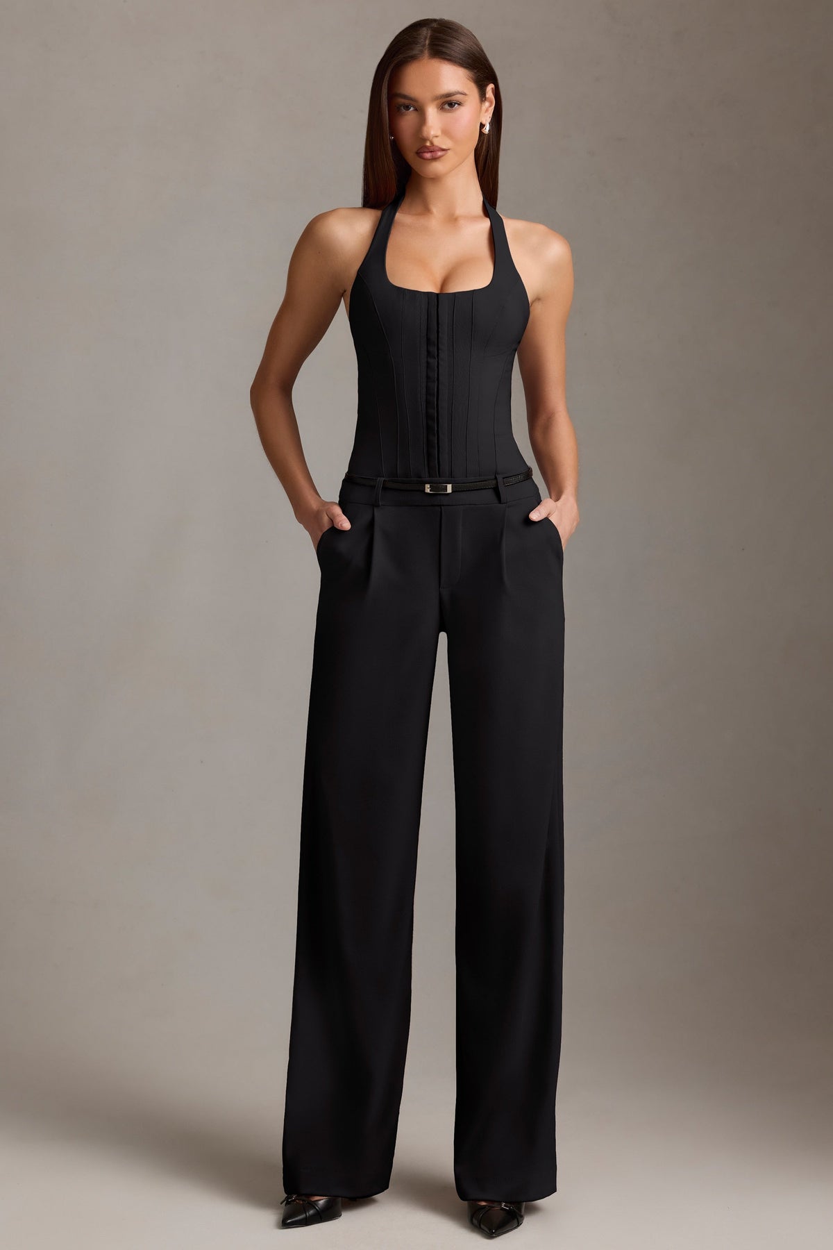 Corset-Detail Halterneck Jumpsuit in Black