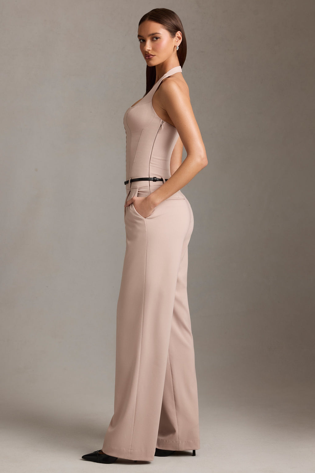 Corset-Detail Halterneck Jumpsuit in Mushroom