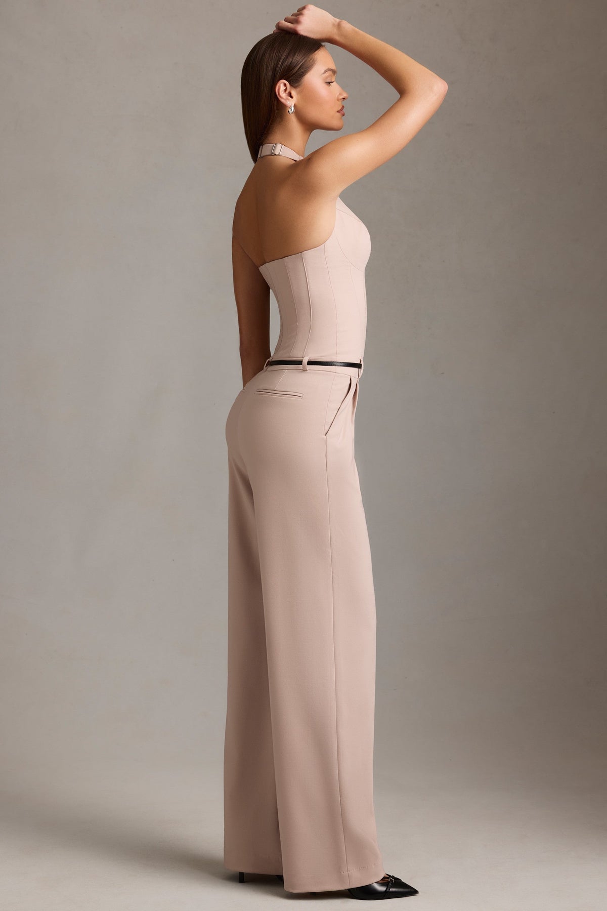 Corset-Detail Halterneck Jumpsuit in Mushroom
