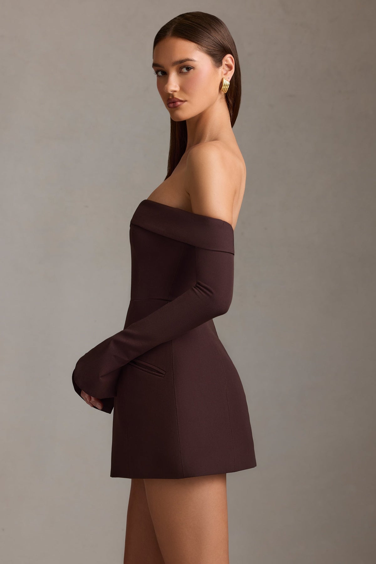 Off-Shoulder Structured A-Line Mini Dress in Chocolate Brown