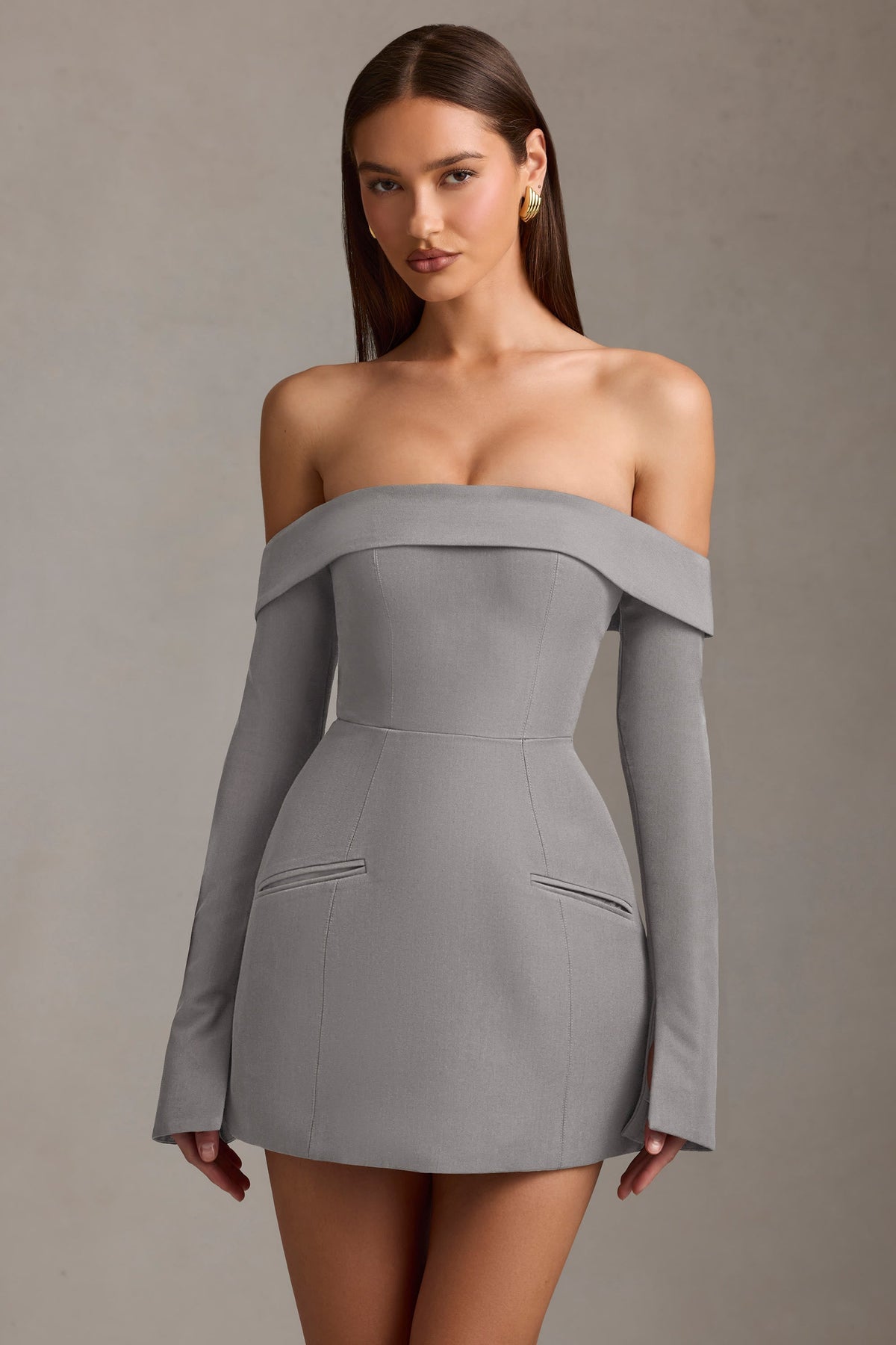 Off-Shoulder Structured A-Line Mini Dress in Grey