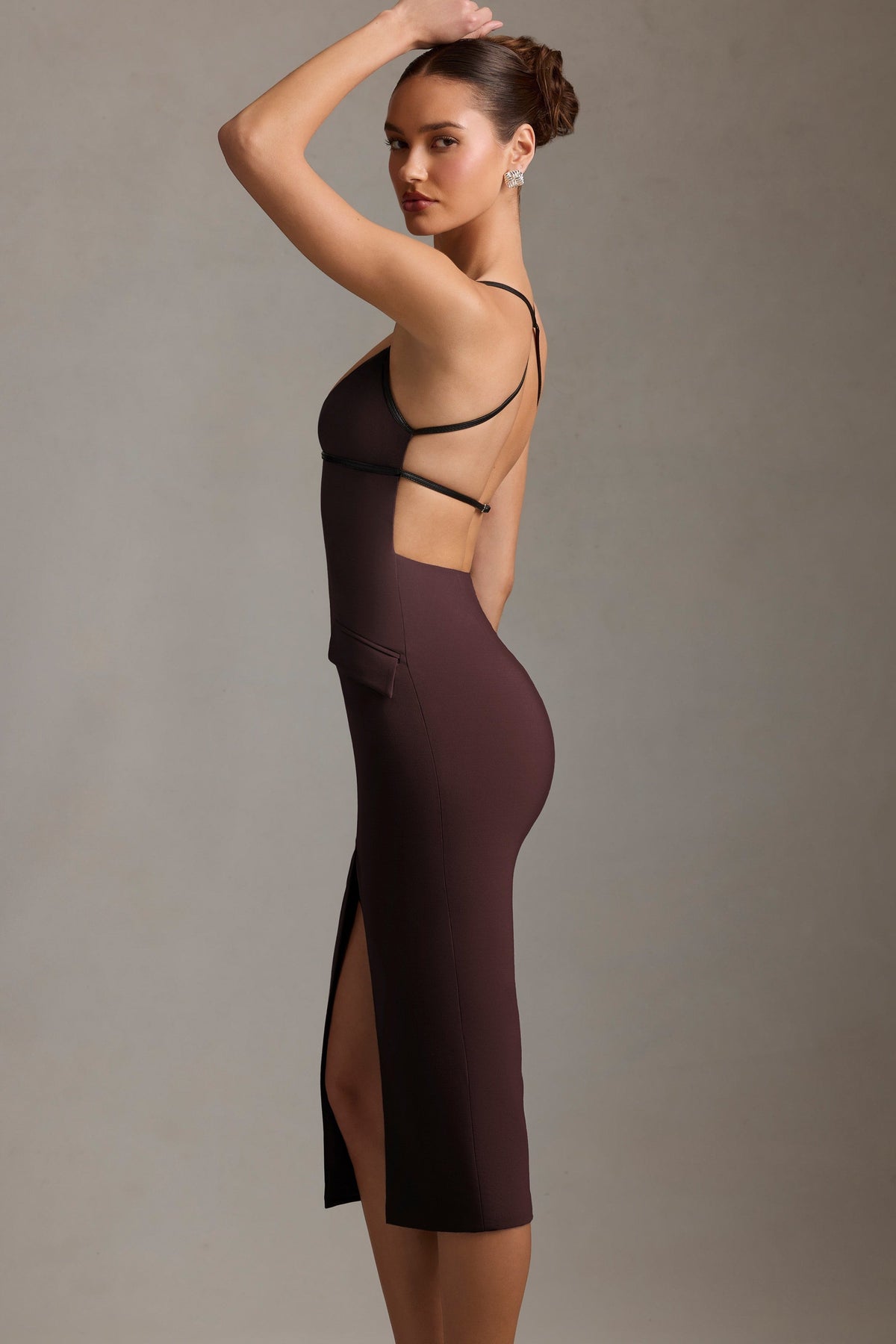 Plunge-Neck Backless Midaxi Dress in Chocolate Brown