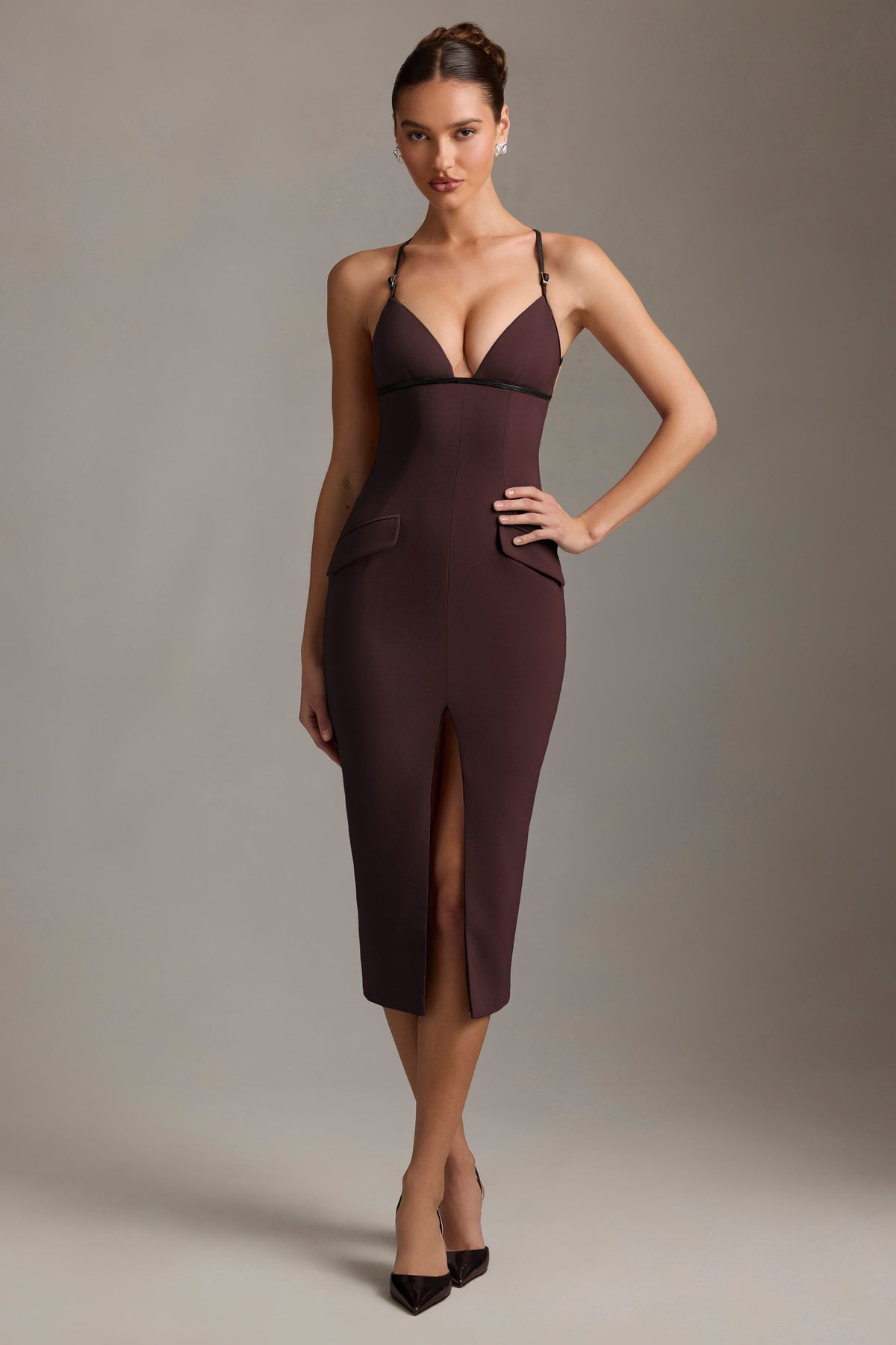 Plunge-Neck Backless Midaxi Dress in Chocolate Brown
