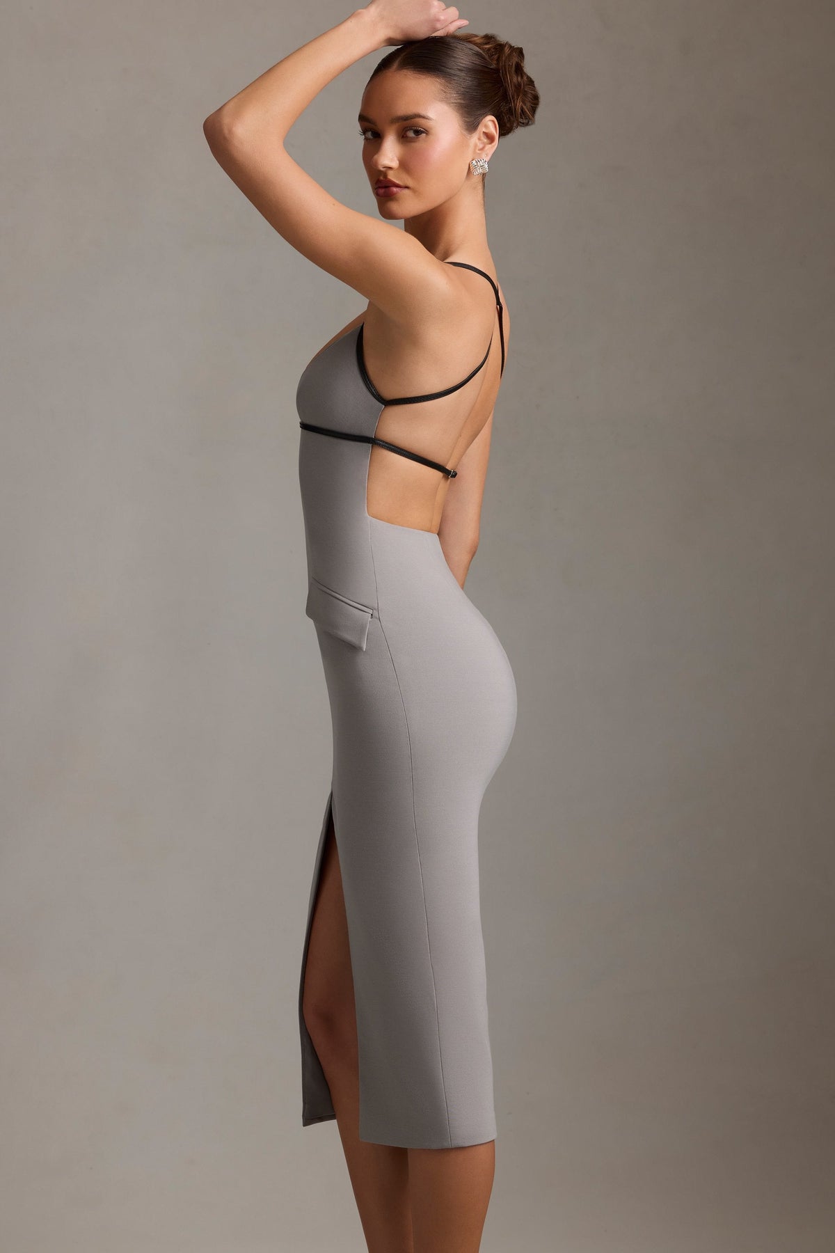 Plunge-Neck Backless Midaxi Dress in Grey