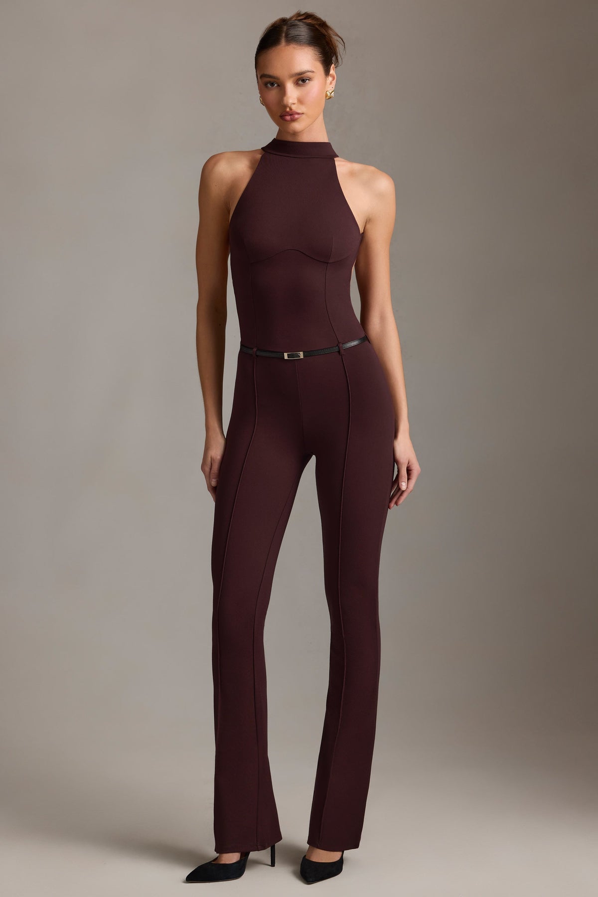 Backless Turtleneck Jumpsuit in Chocolate Brown